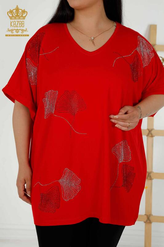 Toptan Kadın Bluz Yaprak Desenli Kırmızı - 79318 | KAZEE