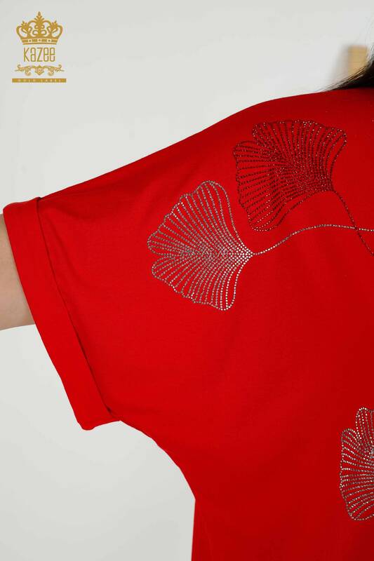 Toptan Kadın Bluz Yaprak Desenli Kırmızı - 79318 | KAZEE