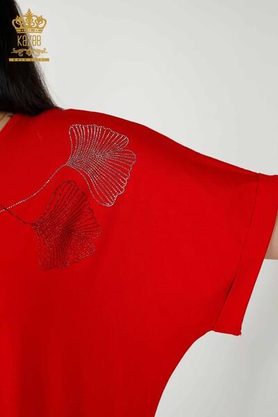 Toptan Kadın Bluz Yaprak Desenli Kırmızı - 79318 | KAZEE - Thumbnail