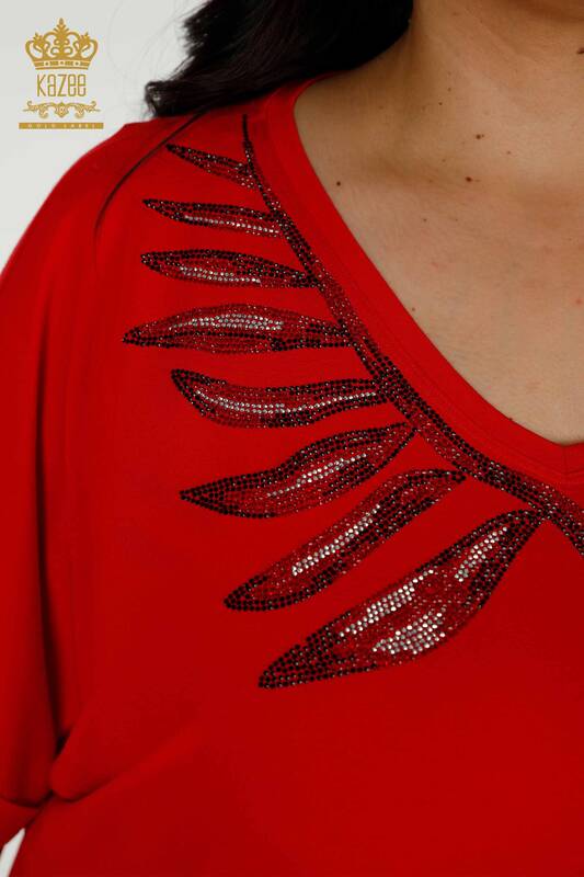 Toptan Kadın Bluz Yaprak Desenli Kırmızı - 79319 | KAZEE