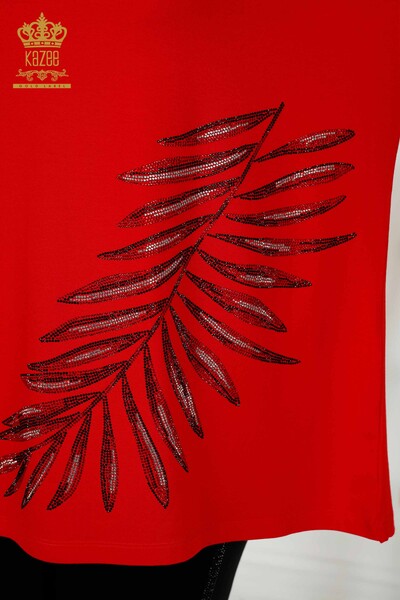 Toptan Kadın Bluz Yaprak Desenli Kırmızı - 79319 | KAZEE - Thumbnail