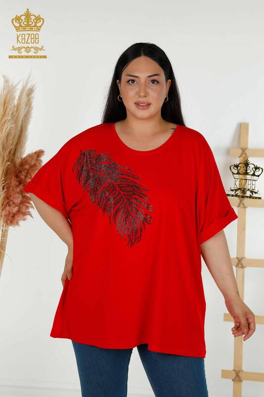 Toptan Kadın Bluz Yaprak Desenli Kırmızı - 79322 | KAZEE