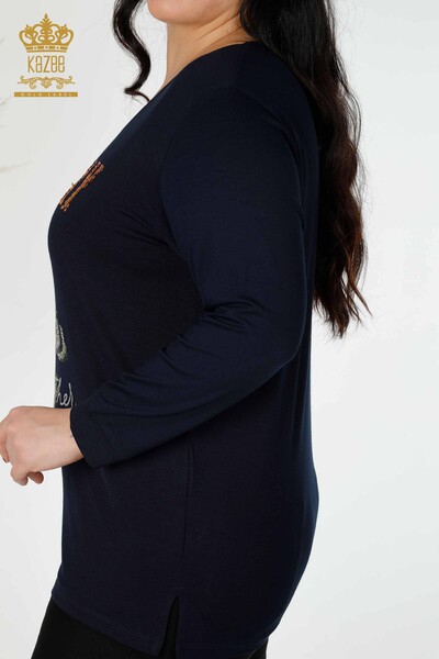 Toptan Kadın Bluz Yaprak Desenli Lacivert - 77913 | KAZEE - Thumbnail