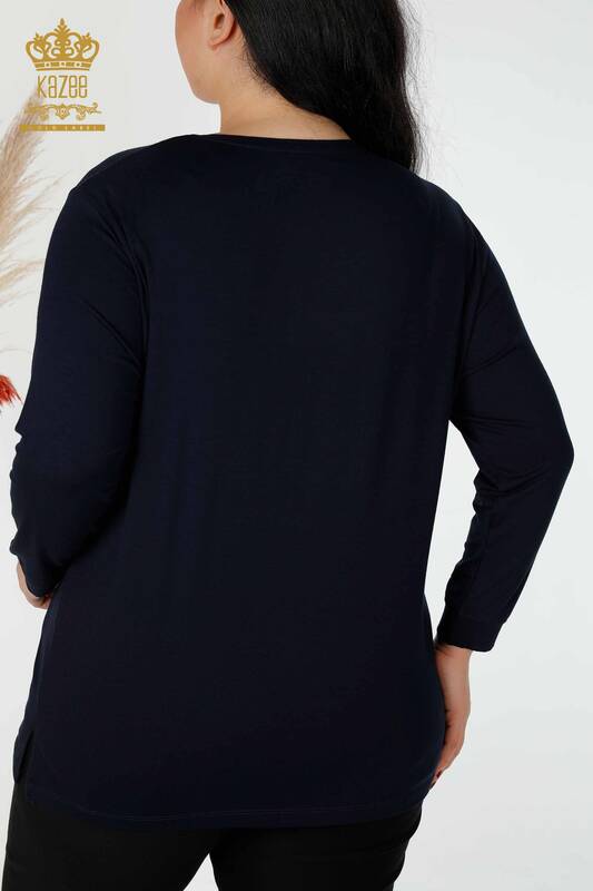 Toptan Kadın Bluz Yaprak Desenli Lacivert - 77913 | KAZEE