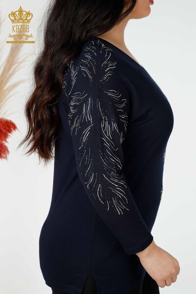 Toptan Kadın Bluz Yaprak Desenli Lacivert - 77970 | KAZEE - Thumbnail