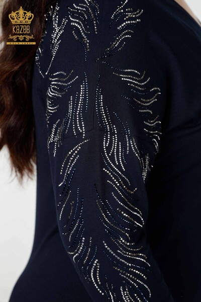 Toptan Kadın Bluz Yaprak Desenli Lacivert - 77970 | KAZEE - Thumbnail
