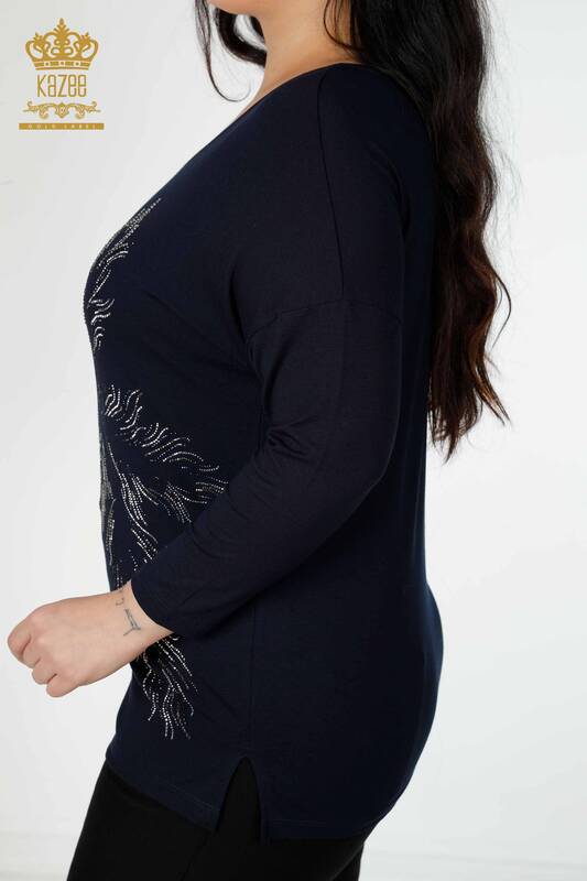 Toptan Kadın Bluz Yaprak Desenli Lacivert - 77970 | KAZEE