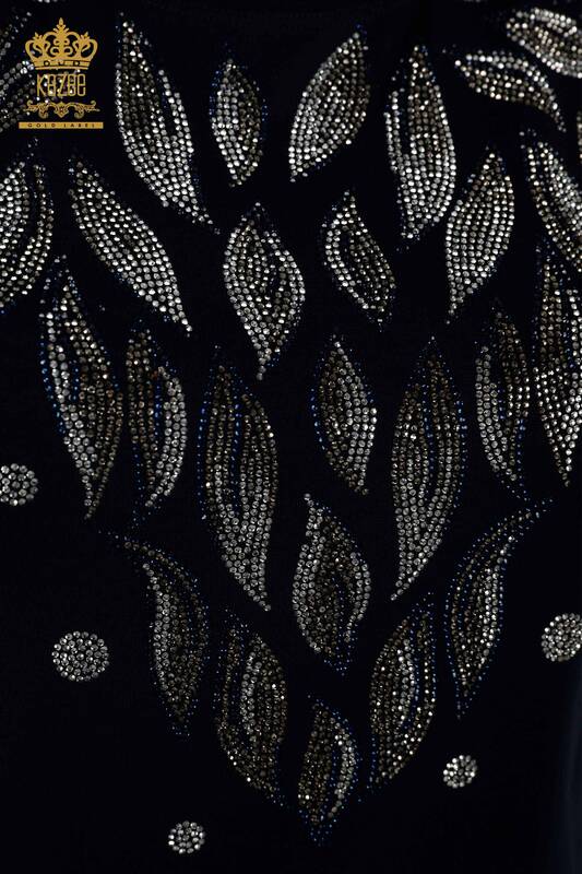 Toptan Kadın Bluz Yaprak Desenli Lacivert - 79053 | KAZEE