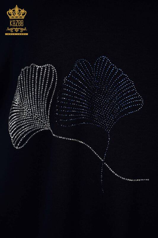 Toptan Kadın Bluz Yaprak Desenli Lacivert - 79318 | KAZEE