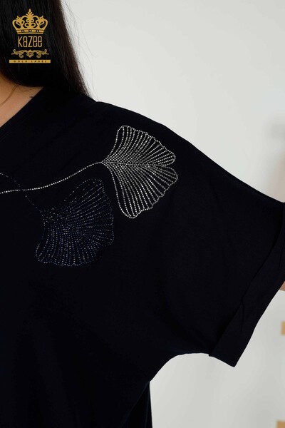 Toptan Kadın Bluz Yaprak Desenli Lacivert - 79318 | KAZEE - Thumbnail