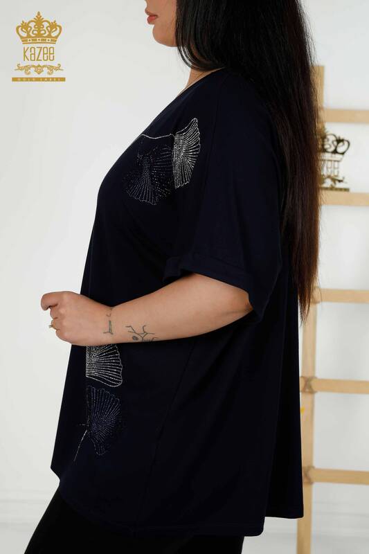 Toptan Kadın Bluz Yaprak Desenli Lacivert - 79318 | KAZEE