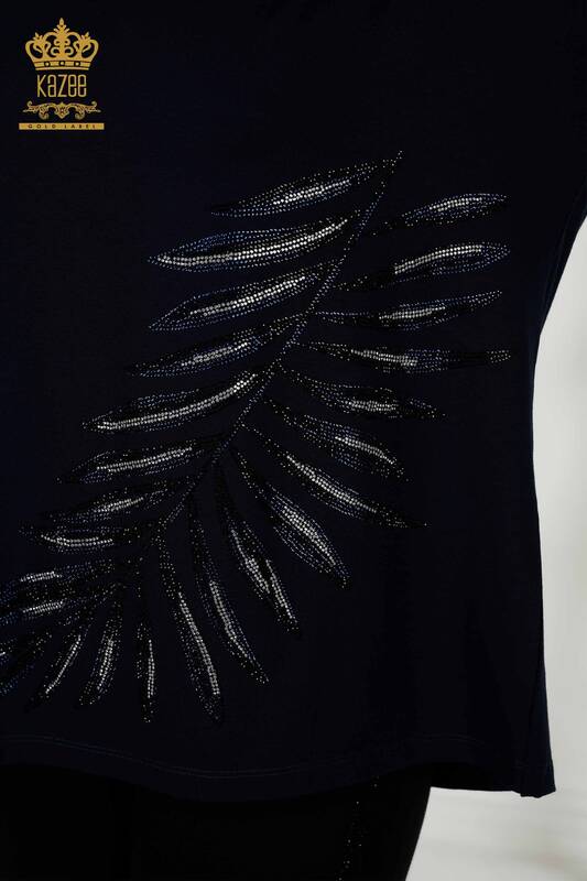 Toptan Kadın Bluz Yaprak Desenli Lacivert - 79319 | KAZEE