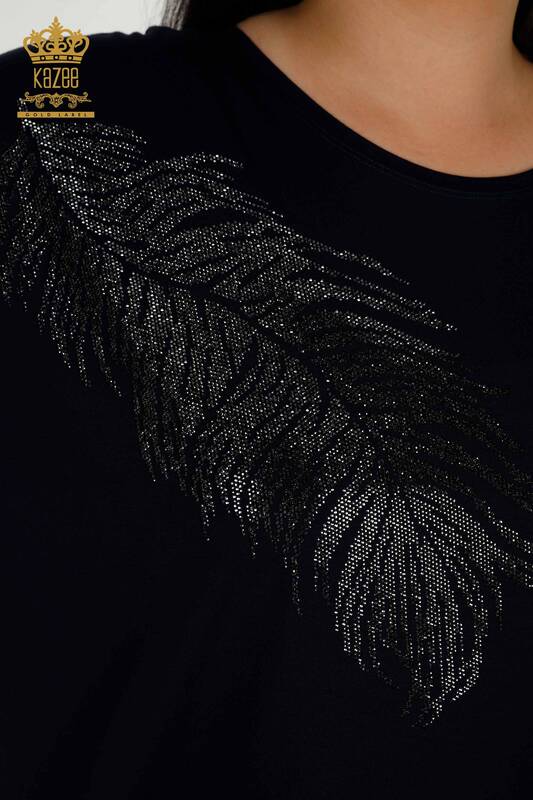 Toptan Kadın Bluz Yaprak Desenli Lacivert- 79322 | KAZEE