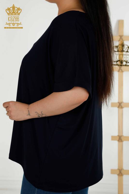 Toptan Kadın Bluz Yaprak Desenli Lacivert- 79322 | KAZEE
