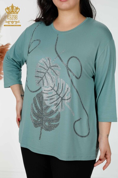 Toptan Kadın Bluz Yaprak Desenli Mint - 78946 | KAZEE - Thumbnail