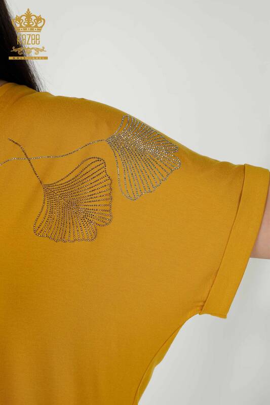 Toptan Kadın Bluz Yaprak Desenli Safran - 79318 | KAZEE