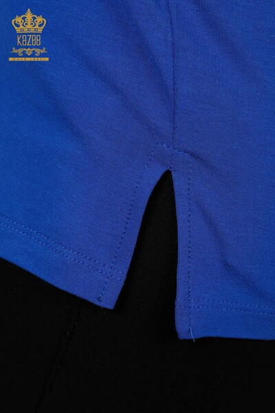 Toptan Kadın Bluz Yaprak Desenli Saks - 77913 | KAZEE - Thumbnail