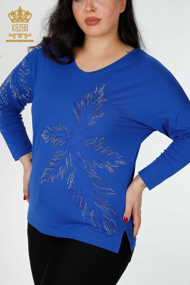 Toptan Kadın Bluz Yaprak Desenli Saks - 77970 | KAZEE - 2