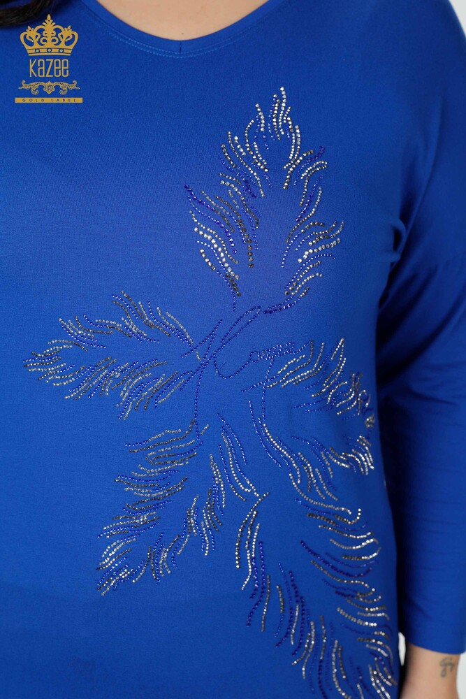 Toptan Kadın Bluz Yaprak Desenli Saks - 77970 | KAZEE - 3