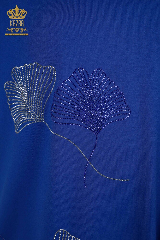 Toptan Kadın Bluz Yaprak Desenli Saks - 79318 | KAZEE - 3