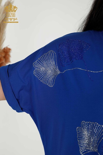 Toptan Kadın Bluz Yaprak Desenli Saks - 79318 | KAZEE - Thumbnail
