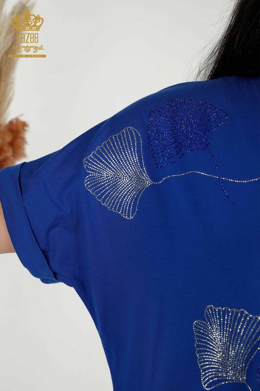 Toptan Kadın Bluz Yaprak Desenli Saks - 79318 | KAZEE