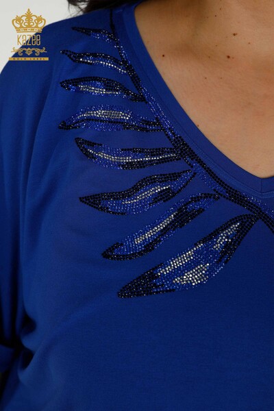 Toptan Kadın Bluz Yaprak Desenli Saks - 79319 | KAZEE - Thumbnail