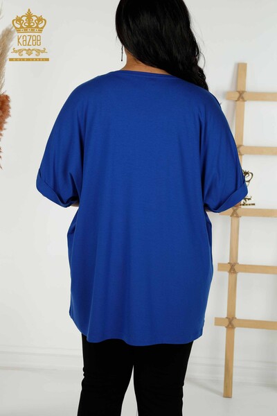 Toptan Kadın Bluz Yaprak Desenli Saks - 79319 | KAZEE - Thumbnail