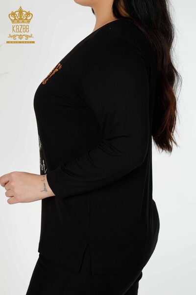 Toptan Kadın Bluz Yaprak Desenli Siyah - 77913 | KAZEE - Thumbnail