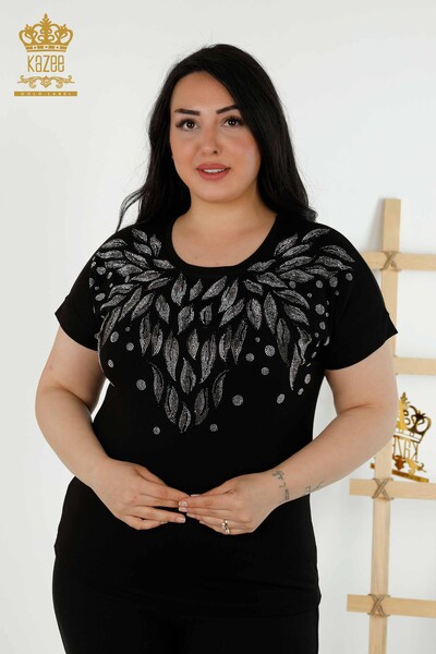 Toptan Kadın Bluz Yaprak Desenli Siyah - 79053 | KAZEE - Thumbnail
