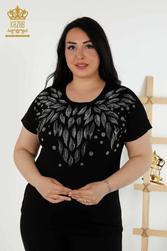 Toptan Kadın Bluz Yaprak Desenli Siyah - 79053 | KAZEE