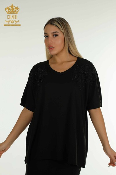 Toptan Kadın Bluz Yaprak Desenli Siyah - 79090 | KAZEE - Thumbnail