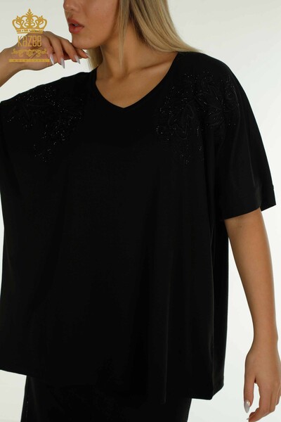 Toptan Kadın Bluz Yaprak Desenli Siyah - 79090 | KAZEE - Thumbnail