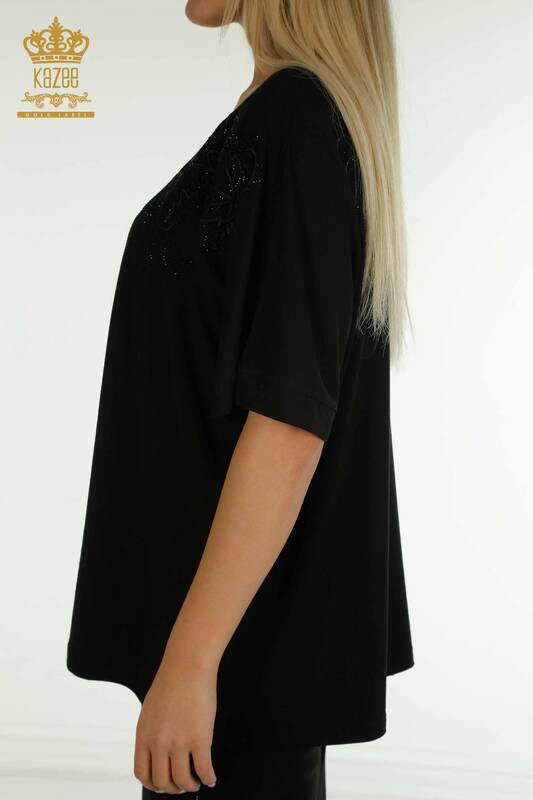 Toptan Kadın Bluz Yaprak Desenli Siyah - 79090 | KAZEE