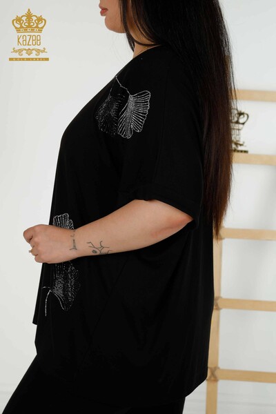 Toptan Kadın Bluz Yaprak Desenli Siyah - 79318 | KAZEE - Thumbnail