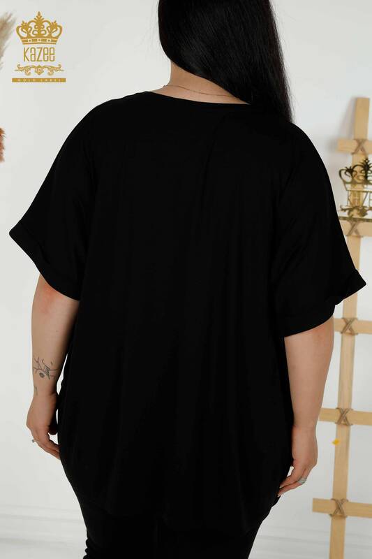 Toptan Kadın Bluz Yaprak Desenli Siyah - 79318 | KAZEE