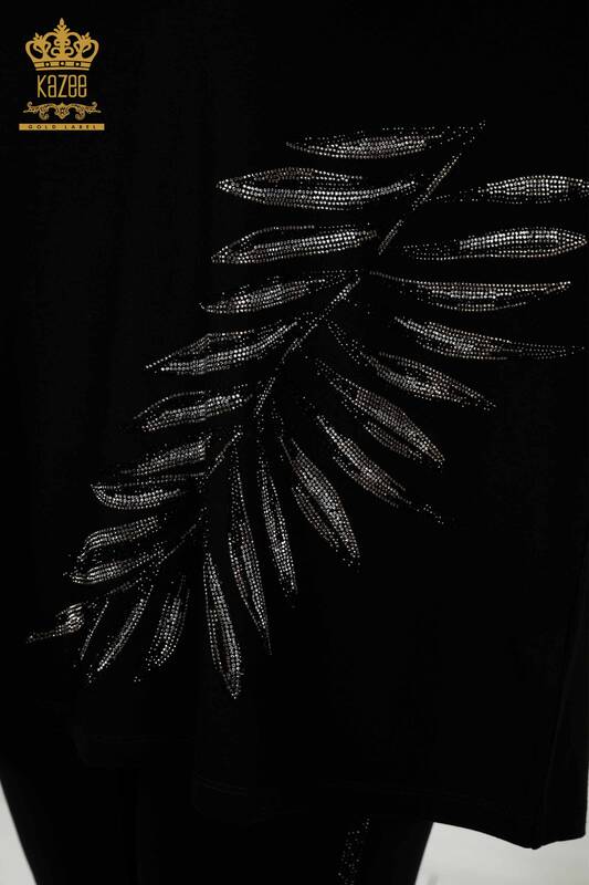 Toptan Kadın Bluz Yaprak Desenli Siyah - 79319 | KAZEE