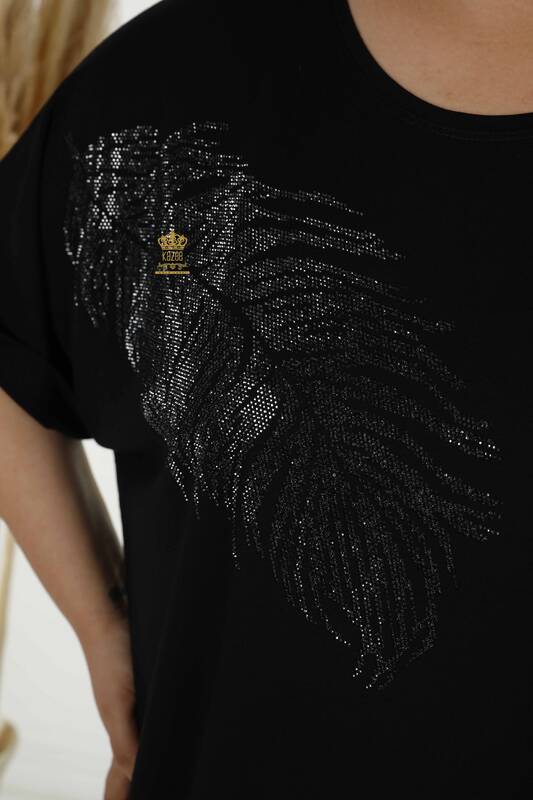 Toptan Kadın Bluz Yaprak Desenli Siyah - 79322 | KAZEE