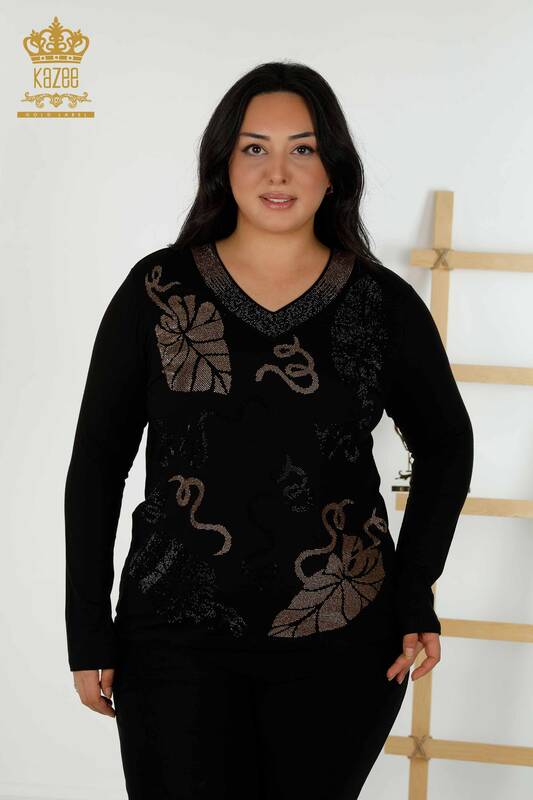 Toptan Kadın Bluz Yaprak Desenli Siyah - 79376 | KAZEE