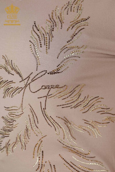 Toptan Kadın Bluz Yaprak Desenli Vizon - 77970 | KAZEE - Thumbnail