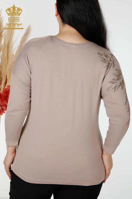 Toptan Kadın Bluz Yaprak Desenli Vizon - 77970 | KAZEE