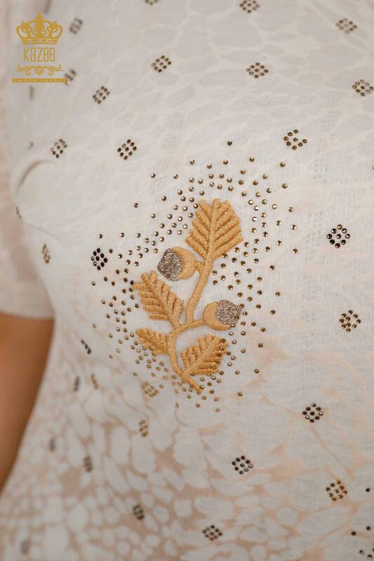 Toptan Kadın Bluz Yaprak Desenli Vizon - 79130 | KAZEE