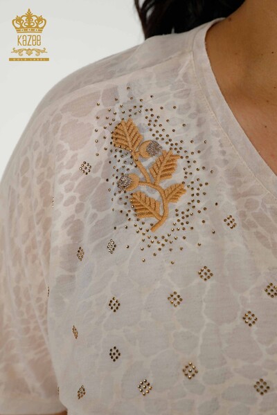 Toptan Kadın Bluz Yaprak Desenli Vizon - 79130 | KAZEE - Thumbnail