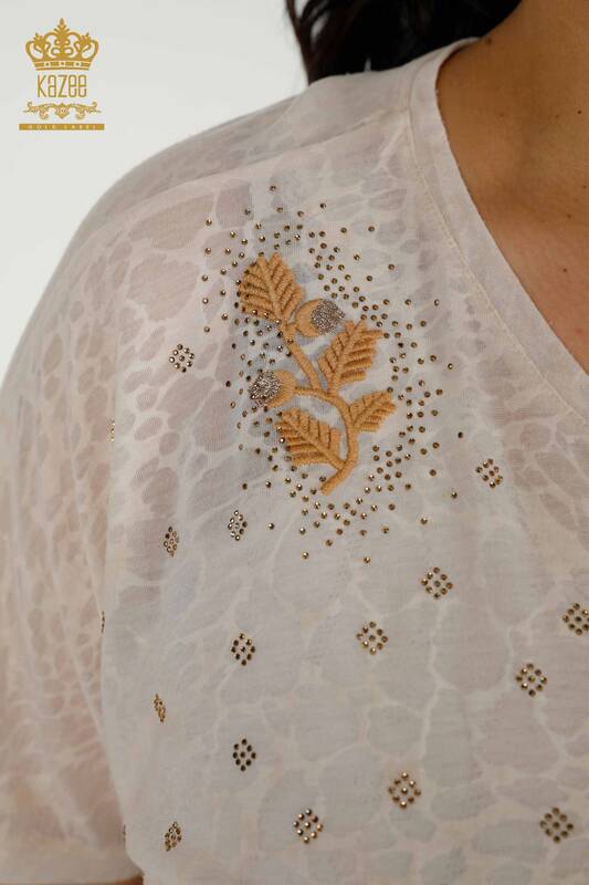 Toptan Kadın Bluz Yaprak Desenli Vizon - 79130 | KAZEE