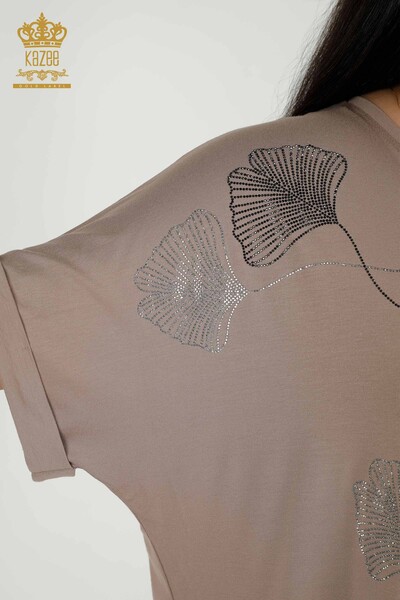 Toptan Kadın Bluz Yaprak Desenli Vizon - 79318 | KAZEE - Thumbnail