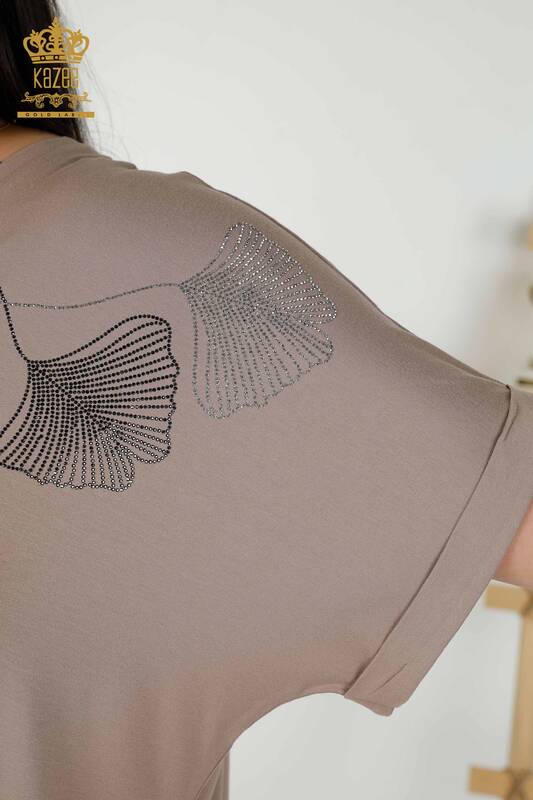 Toptan Kadın Bluz Yaprak Desenli Vizon - 79318 | KAZEE