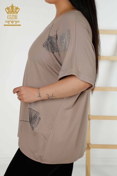 Toptan Kadın Bluz Yaprak Desenli Vizon - 79318 | KAZEE - Thumbnail