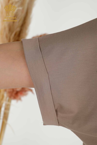 Toptan Kadın Bluz Yaprak Desenli Vizon - 79322 | KAZEE - Thumbnail
