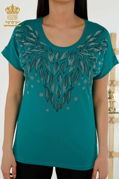Toptan Kadın Bluz Yaprak Desenli Yeşil - 79053 | KAZEE - Thumbnail