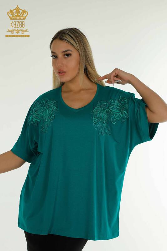 Toptan Kadın Bluz Yaprak Desenli Yeşil - 79090 | KAZEE